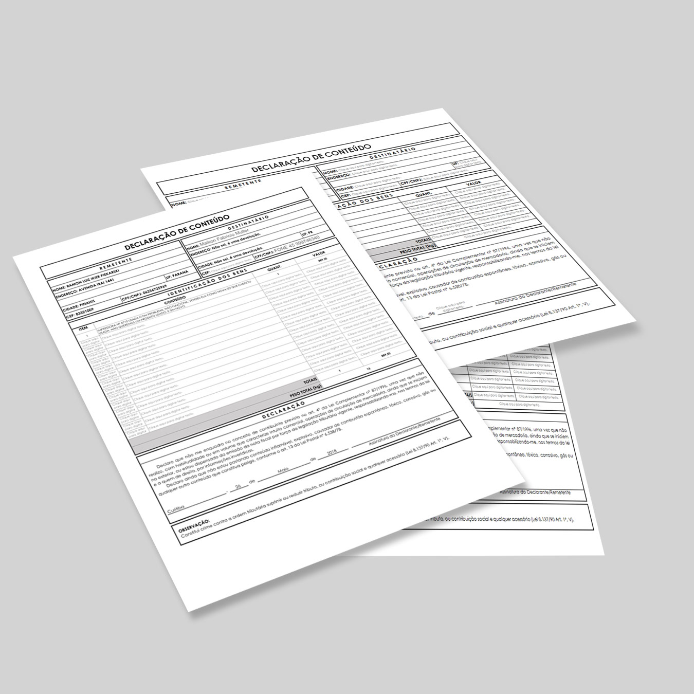 Formulário Declaração de Conteúdo - Correios