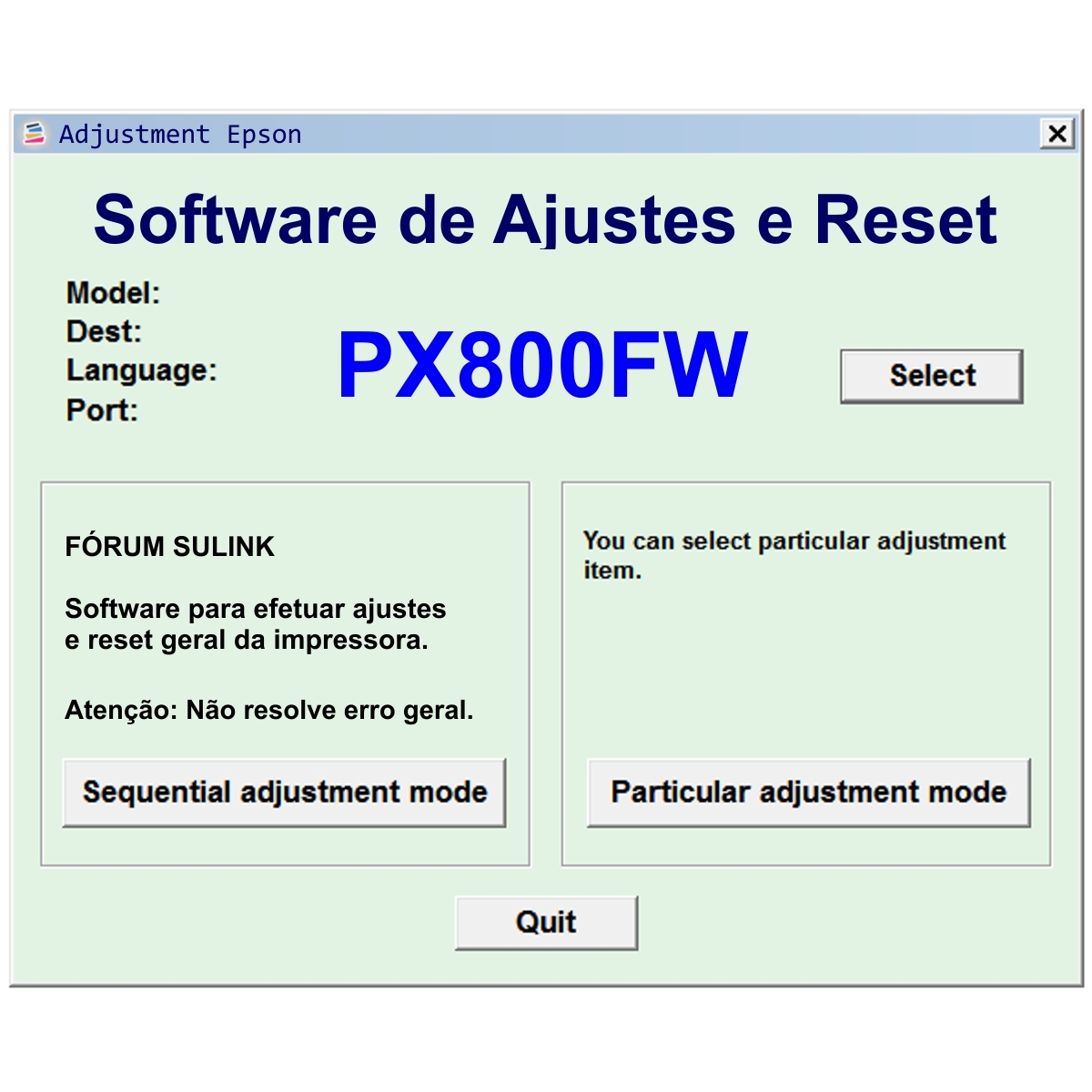 Epson PX800FW - Software de Ajuste e Reset Epson / Printer Adjustment Software and Reset Software
