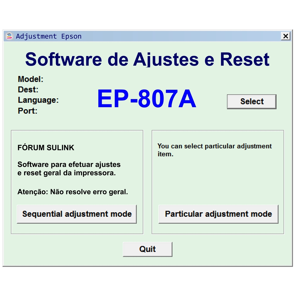 Epson EP-807A - Software de Ajuste e Reset Epson / Printer Adjustment Software and Reset Software